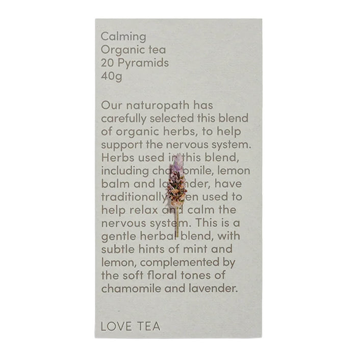 Love Tea Calming Pyramid Tea Bags box containing 20 tea bags, herbal blend to help support the nervous system.