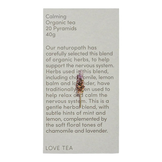 Love Tea Calming Pyramid Tea Bags box containing 20 tea bags, herbal blend to help support the nervous system.