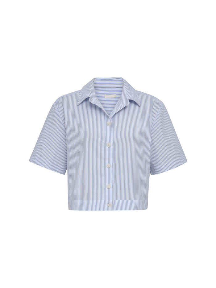 DL1961 women's Carlee Short-Sleeve shirt in blue striped 'Picnic', flat front view.