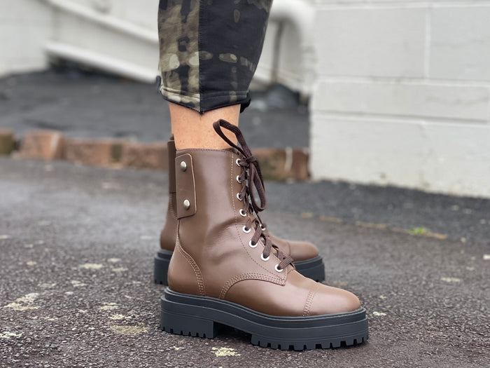 Quality European footwear. Women's boots made in Brazil, leather combat style boot in brown.