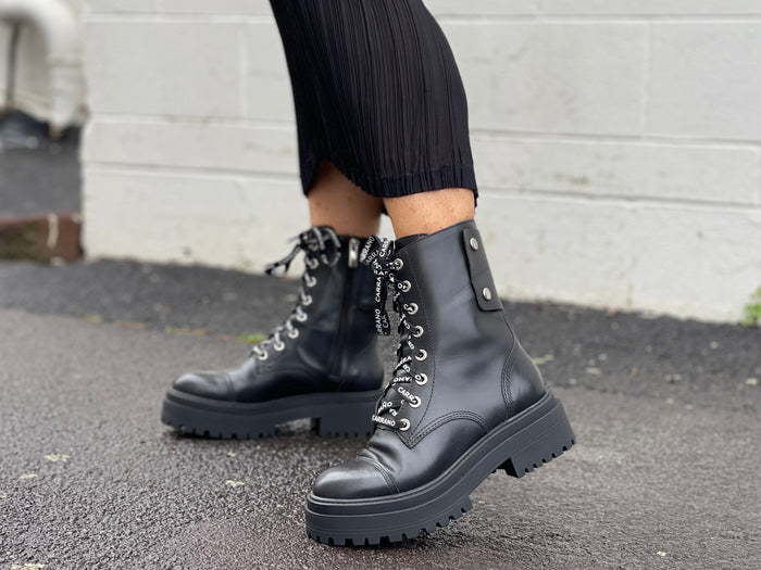 Quality European footwear. Women's boots made in Brazil, leather combat style boot in black.