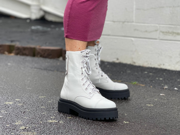 Quality European footwear. Women's boots made in Brazil, leather combat style boot in white.