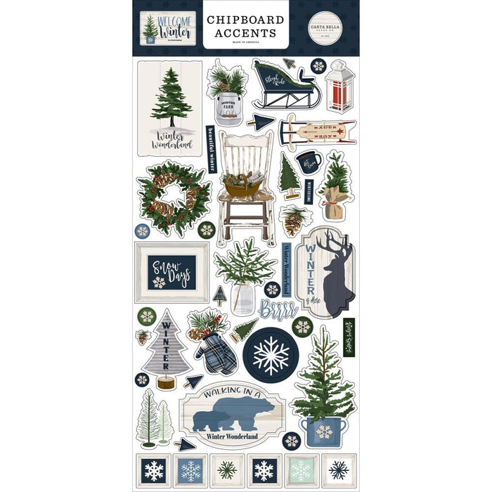 Carta Bella - Welcome Winter Chipboard 6"X13" Accents. Coordinating: Kit 12X12, Pad 6X6, Solid Cardstock 12"X12", Ephemera - Frames & Tags, Ephemera - Icons, Enamel Dots, Puffy Stickers, Chipboard 6X13 - Accents, Chipboard 6X13 - Phrases, Chipboard 6X13 - Frames, Decorative Brads. Available at Embellish Away located in Bowmanville Ontario Canada.