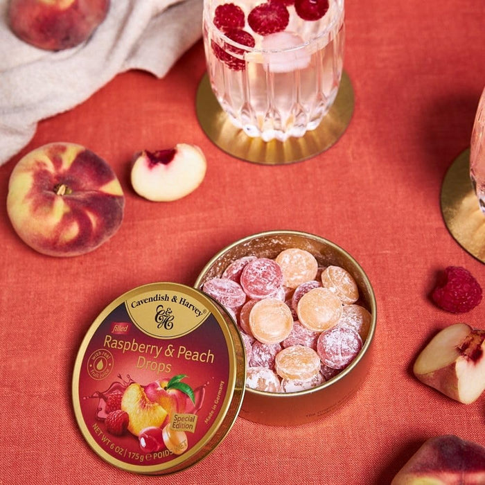 Cavendish & Harvey Raspberry & Peach Filled Drops In Tin 175g