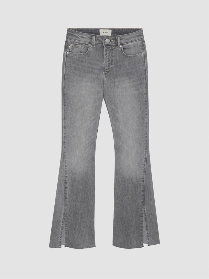 DL1961 girls' Claire bootcut jeans in light grey 'Twister', flat front view with split flare hems.