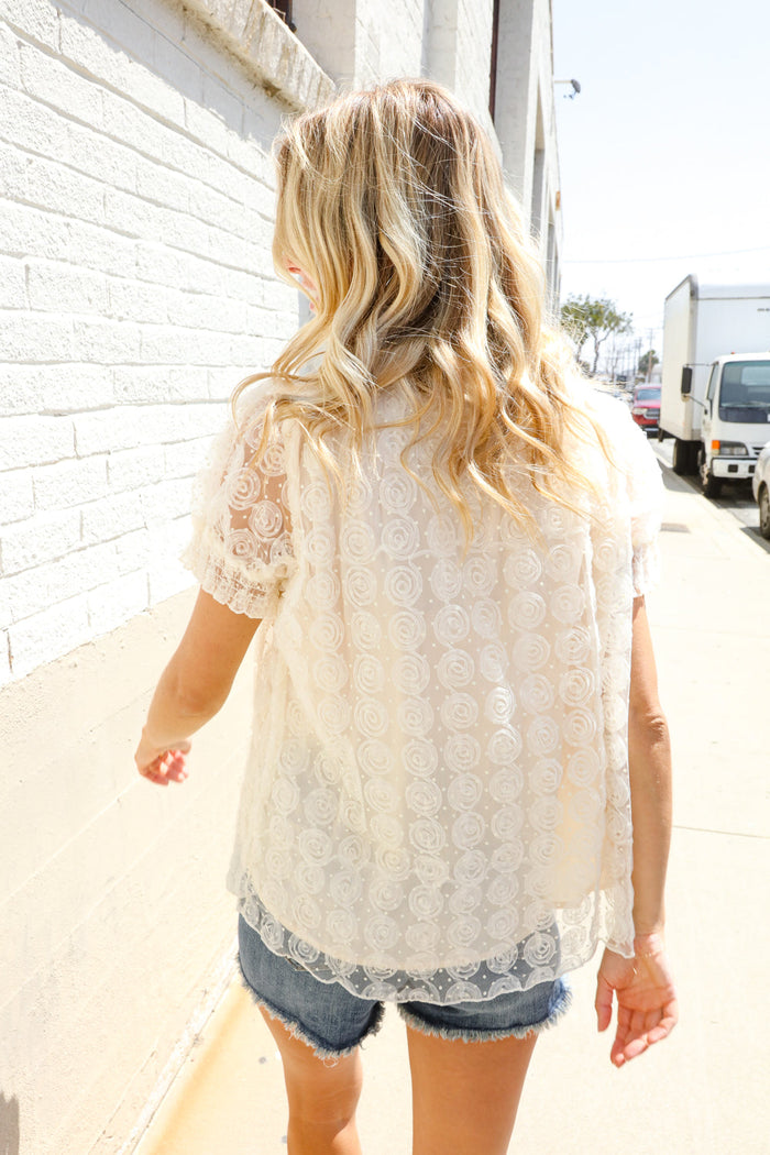 Classy Chic Ivory Swiss Dot Chiffon Button Yoke Lined Blouse