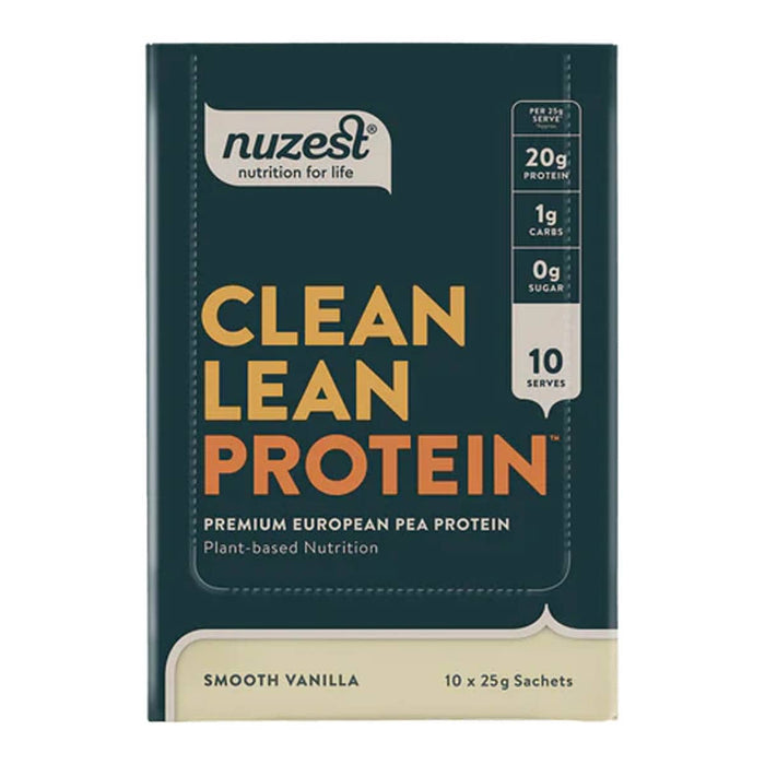 Nuzest Clean Lean Protein packaging on a white background.