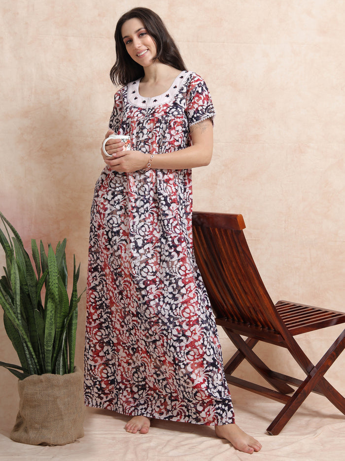 Blue Red Cotton Batik Nighty for Women