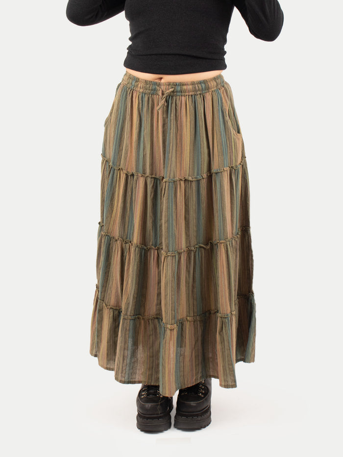 Cotton Stripe Tiered Maxi Skirt | Moss Green Stripe-Image 1