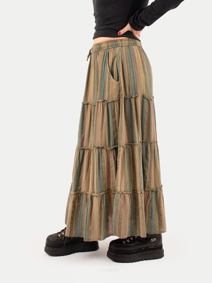 Cotton Stripe Tiered Maxi Skirt | Moss Green Stripe-Image 2
