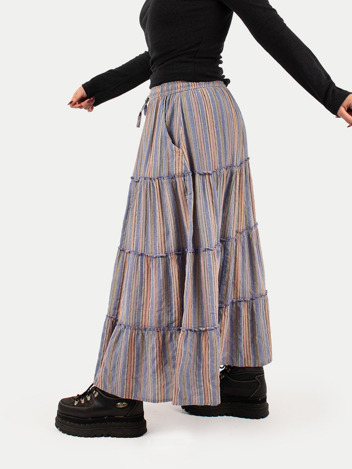 Cotton Stripe Tiered Maxi Skirt | Sky-Image 2