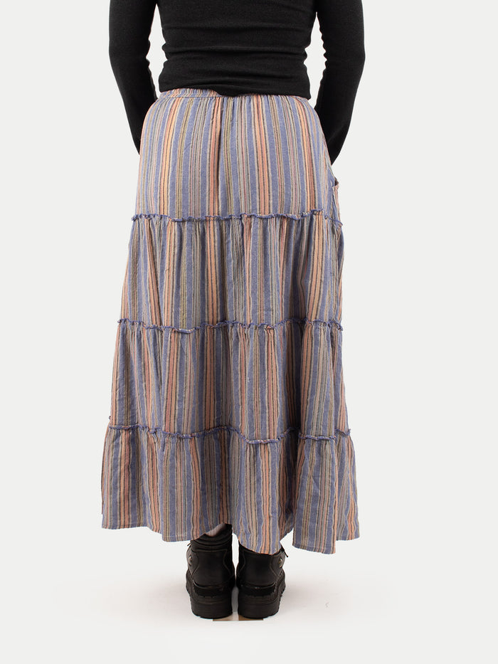 Cotton Stripe Tiered Maxi Skirt | Sky-Image 3