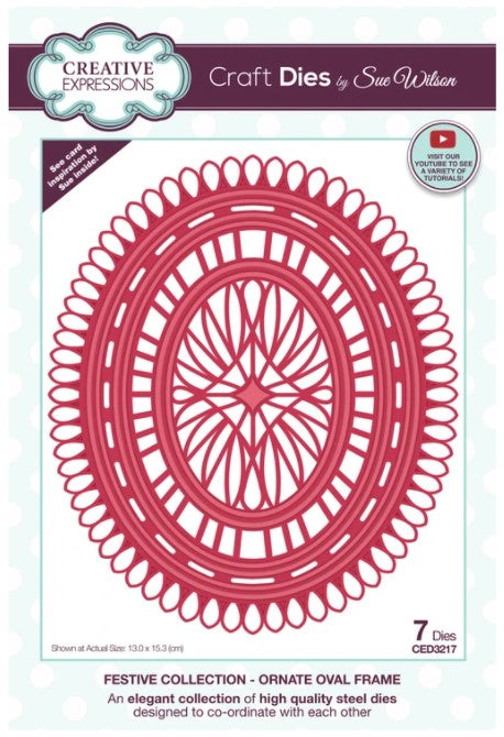 This seven-die set with a beautiful outside edge will be a great addition to your festive paper craft arsenal the die will be wonderful for card making, scrapbooking, mixed media and not just at Christmas. Packet includes card inspiration. Seven die set, largest die size 13.0 x 15.3 cm. Available at Embellish Away located in Bowmanville Ontario Canada.