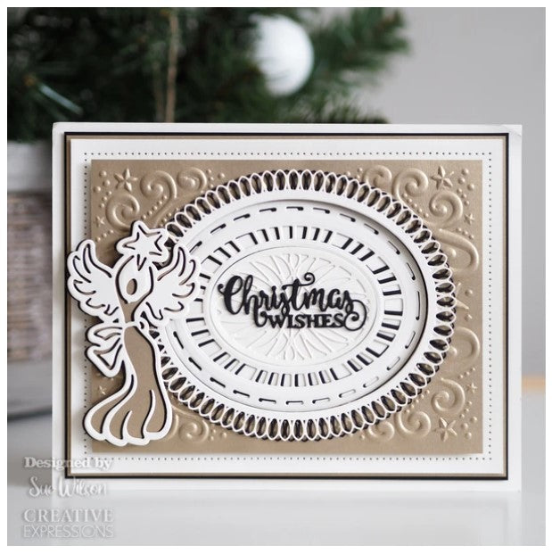 This seven-die set with a beautiful outside edge will be a great addition to your festive paper craft arsenal the die will be wonderful for card making, scrapbooking, mixed media and not just at Christmas. Packet includes card inspiration. Seven die set, largest die size 13.0 x 15.3 cm. Available at Embellish Away located in Bowmanville Ontario Canada. Card Example