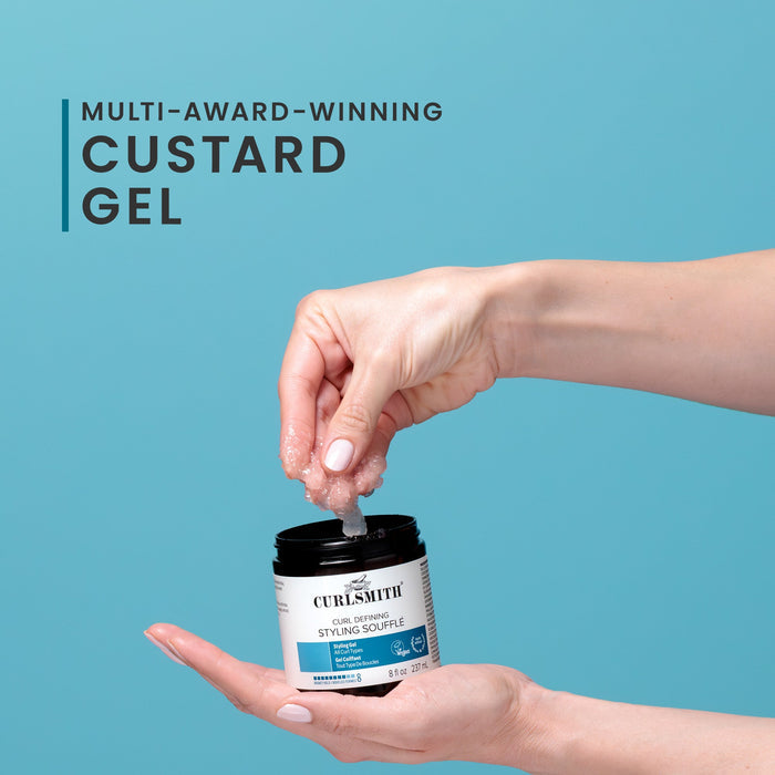 Person using Curlsmith styling gel with text highlighting its multi-award-winning status on a blue background