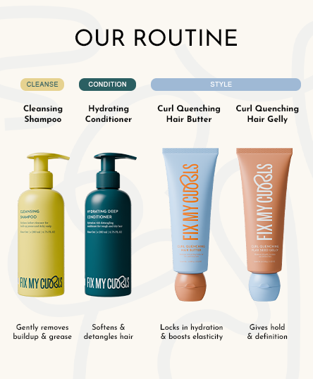Fix My Curls hair care product lineup for cleansing, conditioning and styling hair