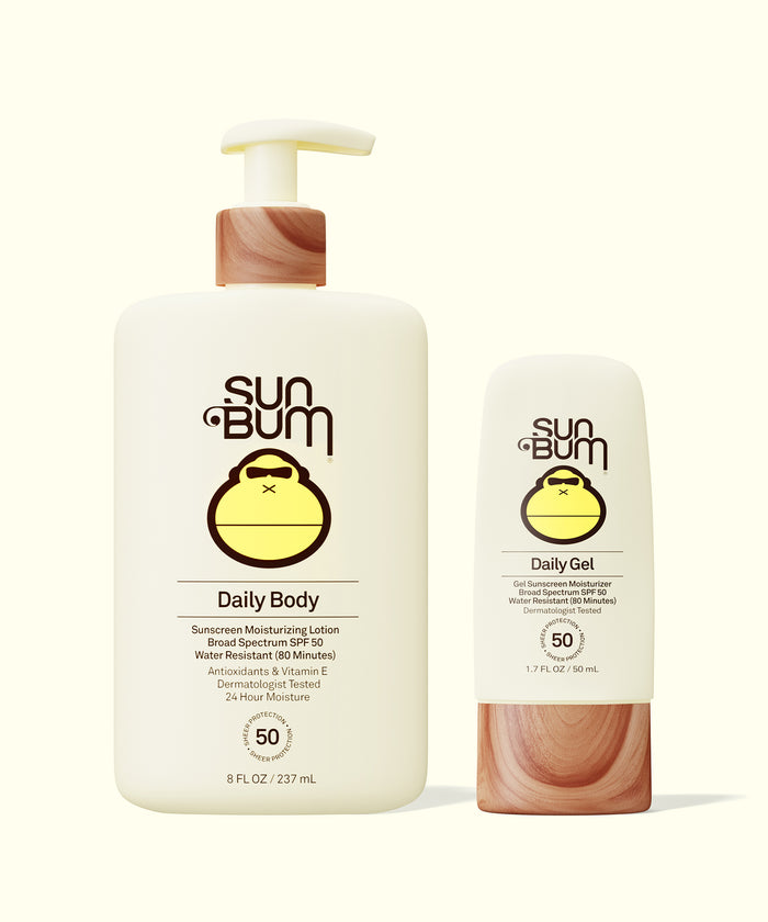 Sun Bum Daily Body + Face Gel Bundle with broad spectrum SPF 50, moisturizing lotion and gel.