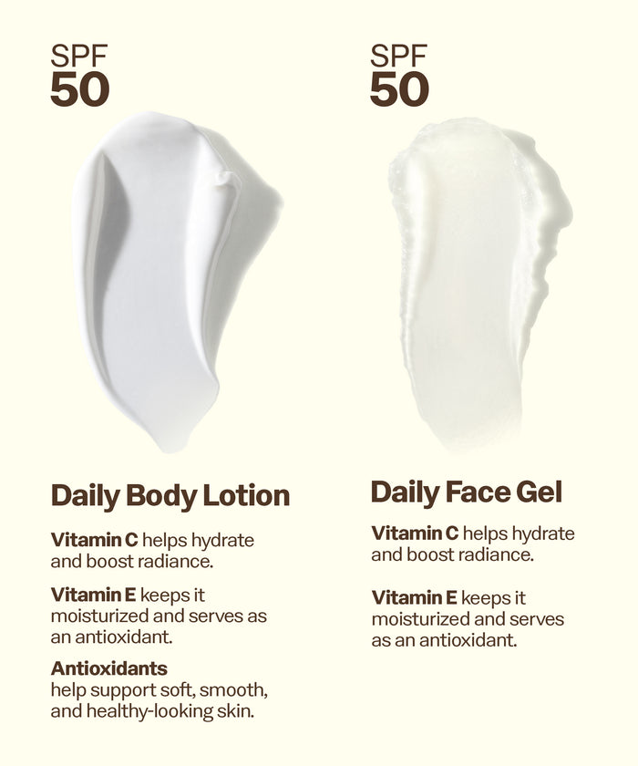 Sun Bum Daily Body + Face Gel Bundle with SPF 50, Vitamin C and E for hydration and antioxidant support. Daily Body Lotion
Vitamin C helps hydrate and boost radiance.
Vitamin E keeps it moisturized and serves as an antioxidant.
Antioxidants
help support soft, smooth, and healthy-looking skin. Daily Face Gel
Vitamin C helps hydrate and boost radiance.
Vitamin E keeps it moisturized and serves as an antioxidant.