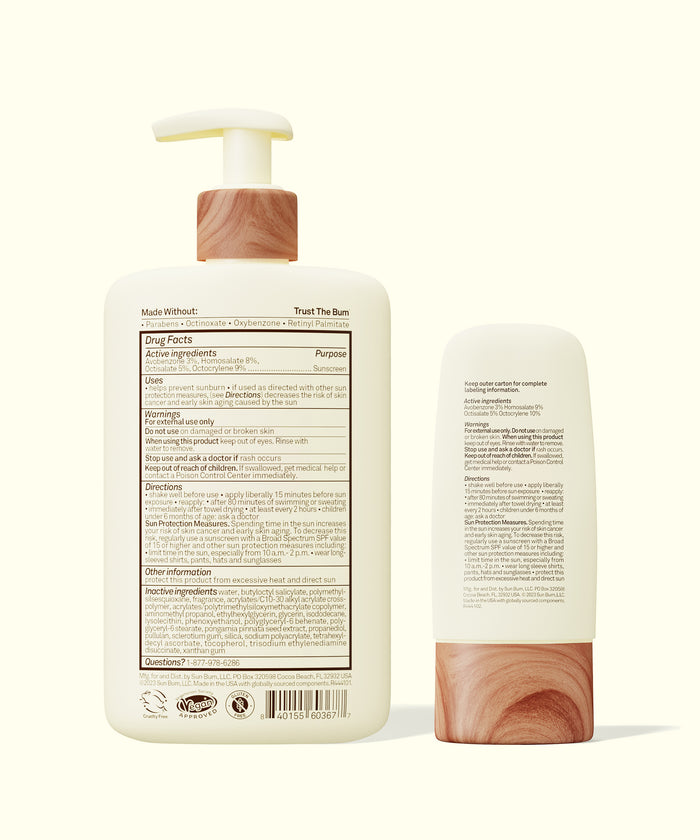Sun Bum Daily Body + Face Gel Bundle with white bottles and wood-grain pump and cap packaging shown from back view