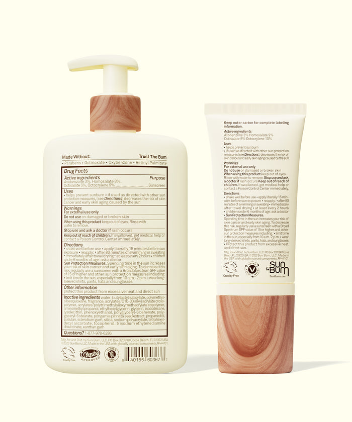 Back view of Sun Bum Daily Body + Face Lotion Bundle bottles with ingredient and usage information labels visible.