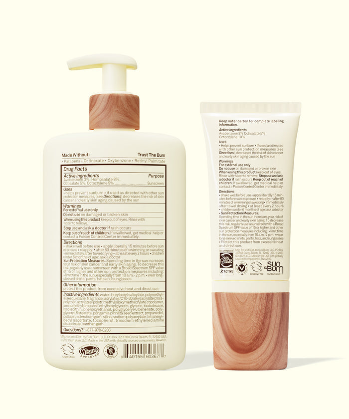 Back view of Sun Bum Daily Body + Glow Bundle lotion and glow tube showing ingredient and usage information.