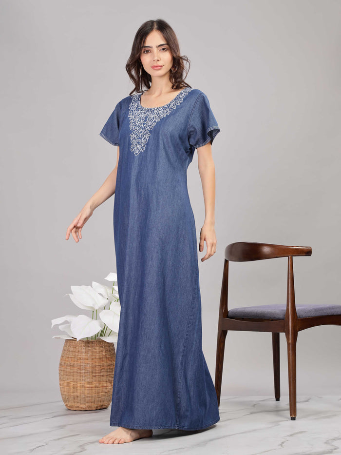 Blue Embroidered Denim Cotton Nighty for Women