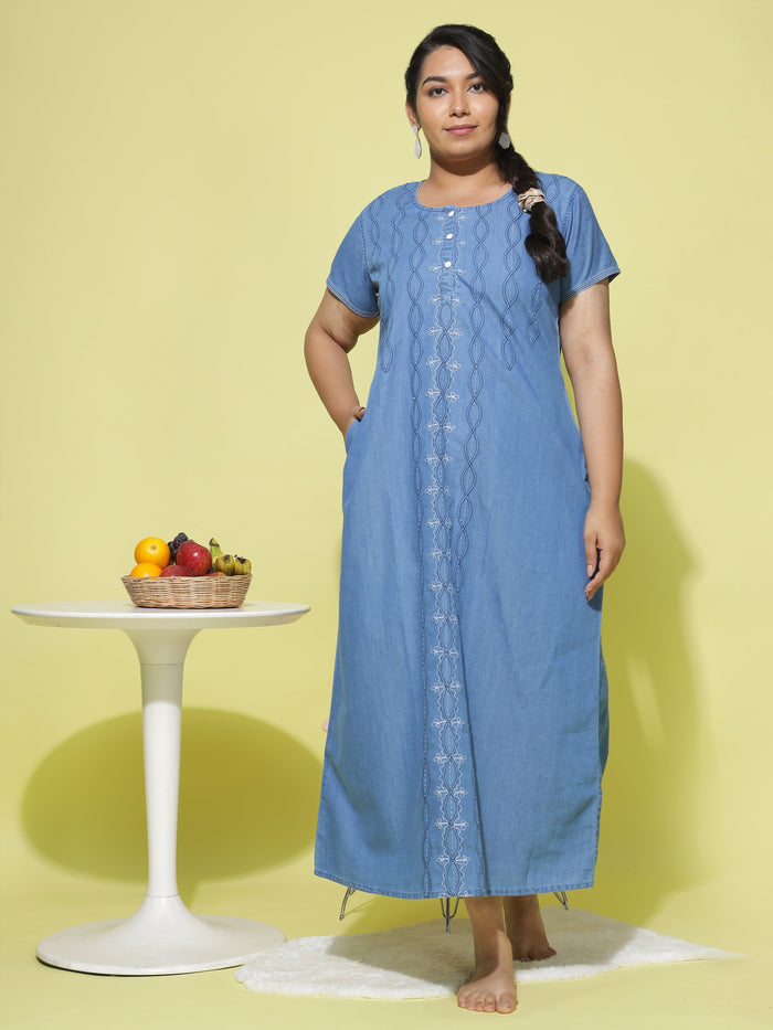 Spiral Puff Sky Blue Denim Designer Nighty For Women