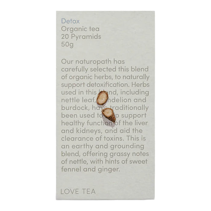 Love Tea Detox Pyramid Tea Bags box containing 20 tea bags, herbal blend with nettle leaf, dandelion, and burdock.