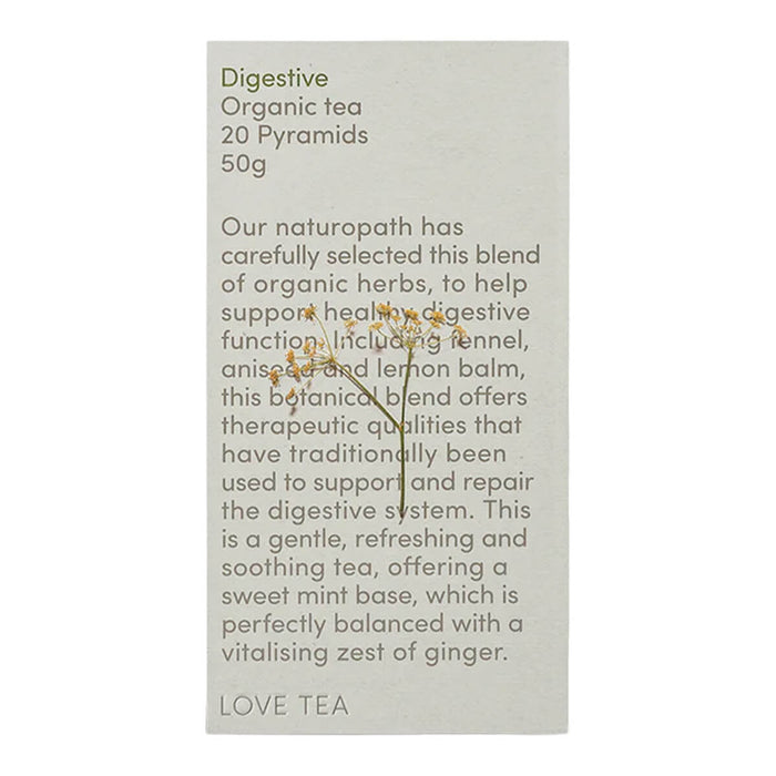 Love Tea Digestive Pyramid Tea Bags box containing 20 tea bags, herbal blend with fennel, aniseed, and lemon balm.