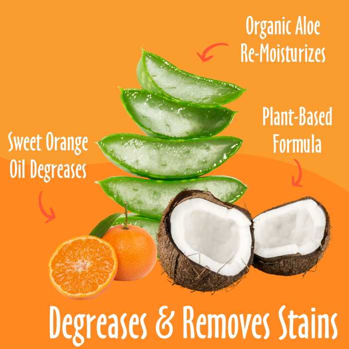 Degreases & Removes Stains elements like Organic Aloe, Plant-Based and Orange, and their benefits.