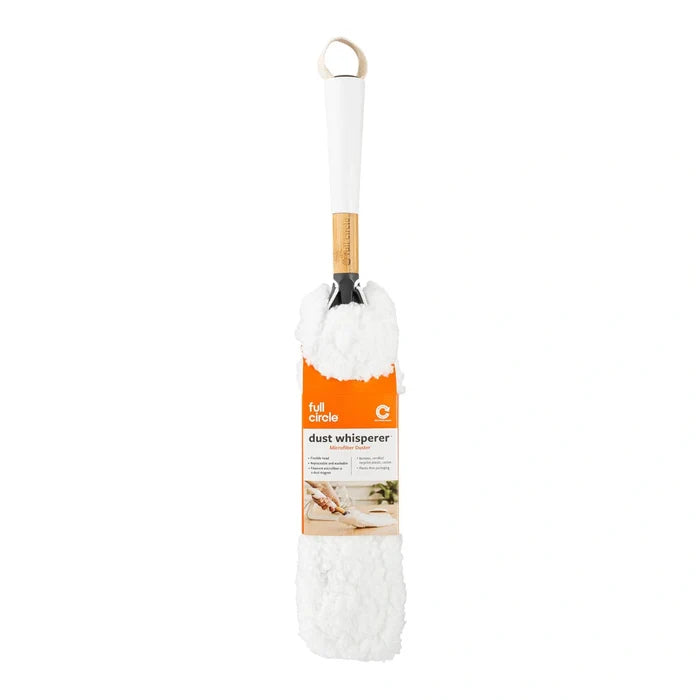 A white microfiber dust whirliper duster with a white plastic handle, a light wood neck accent, and an orange and white paper label, shown against a plain white background.