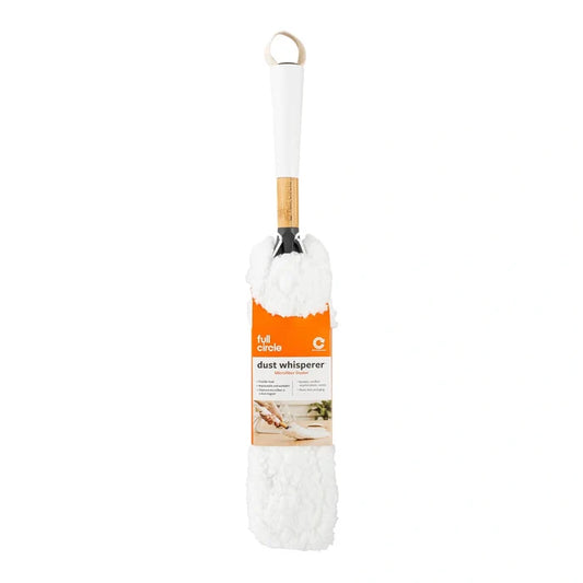 A white microfiber dust whirliper duster with a white plastic handle, a light wood neck accent, and an orange and white paper label, shown against a plain white background.