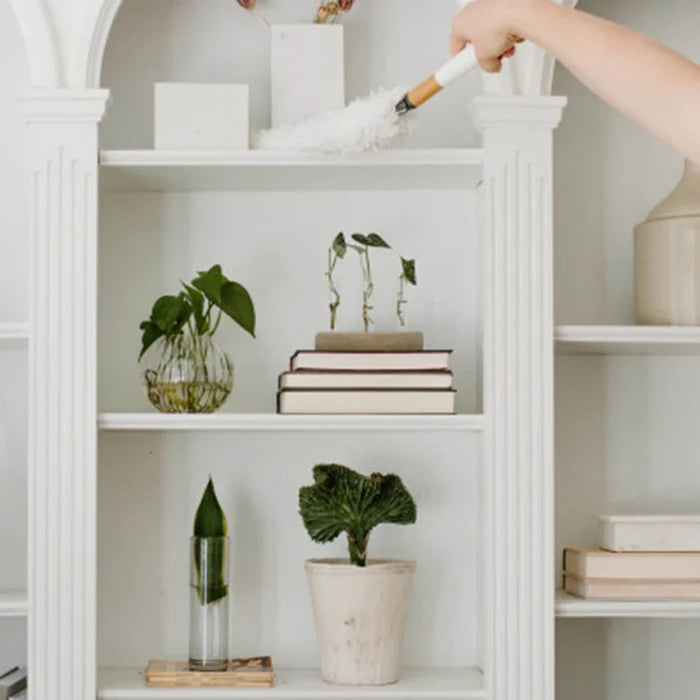 A hand uses a white duster with a wooden handle to clean a white bookshelf with potted plants and books.