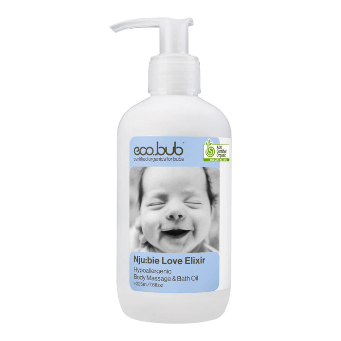 Pump bottle of natural hypoallergenic body massage and bath oil for babies.