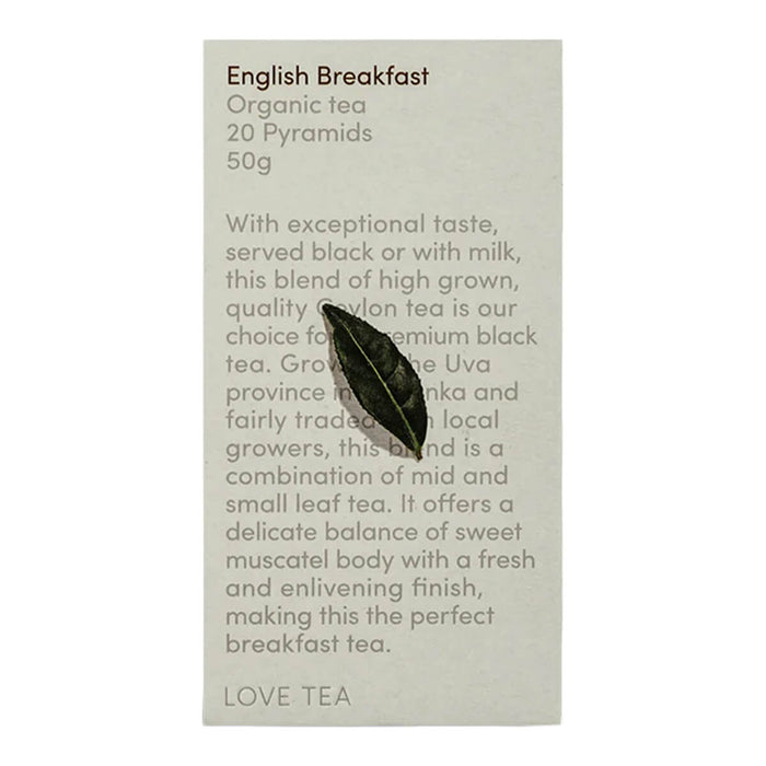 Love Tea English Breakfast Pyramid Tea Bags box containing 20 tea bags, blend of high-grown, quality Ceylon tea.