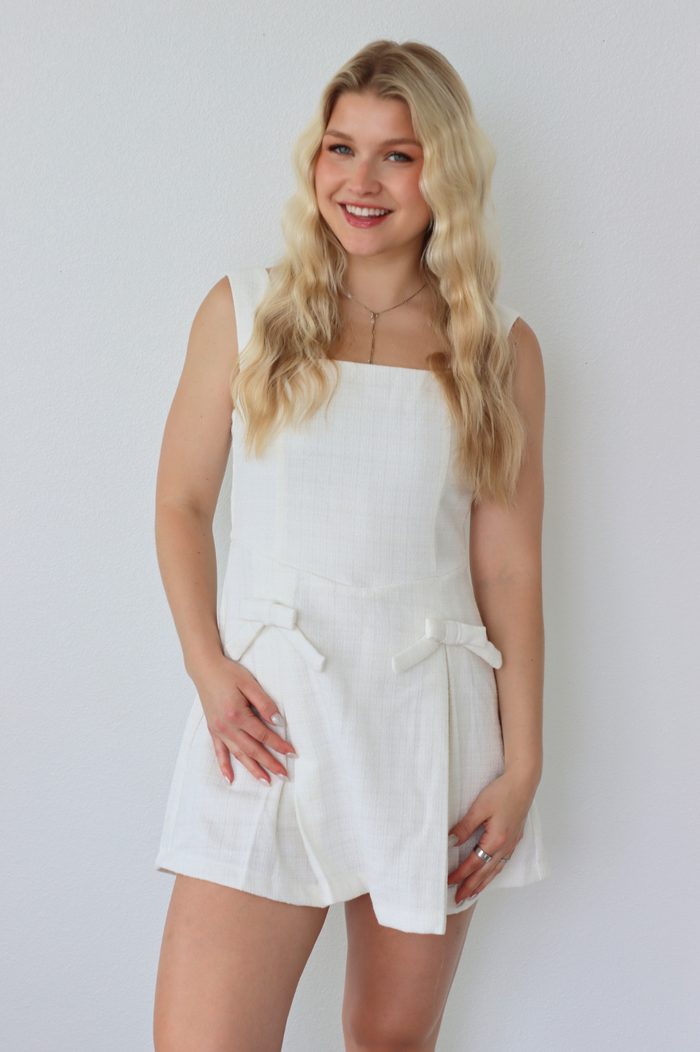girl wearing white tweed short dress