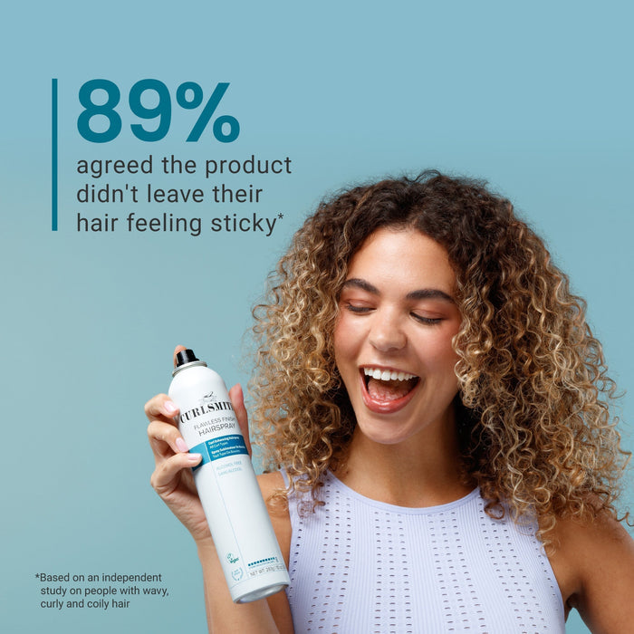 Woman holding a bottle of hair product with text on a blue background