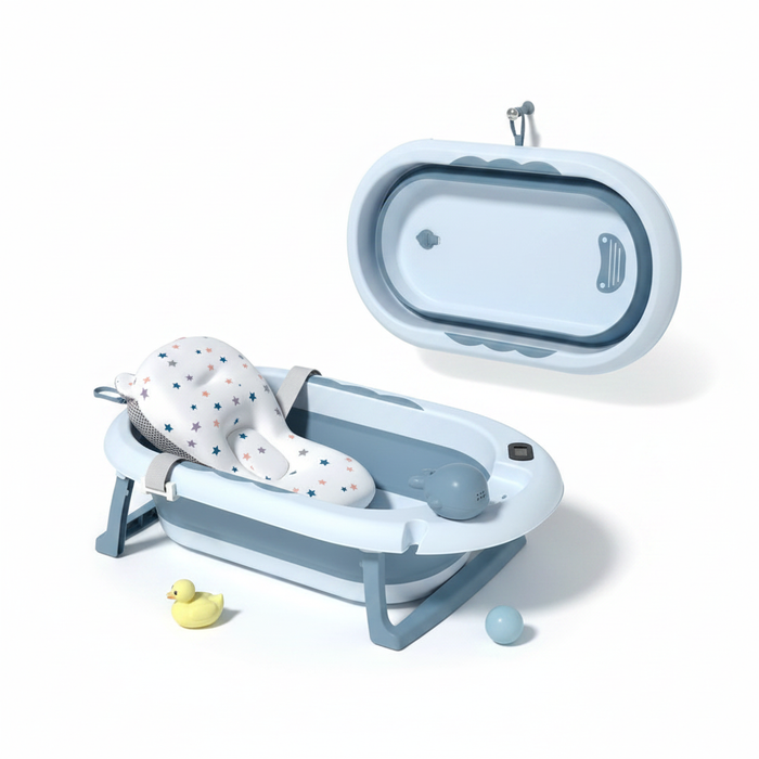 Foldable Baby Bath Tub blue with temperature sensor on white background