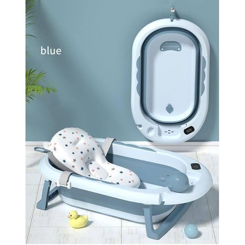 Foldable Baby Bath Tub with Temperature Sensor & Cushion Insert — Blue