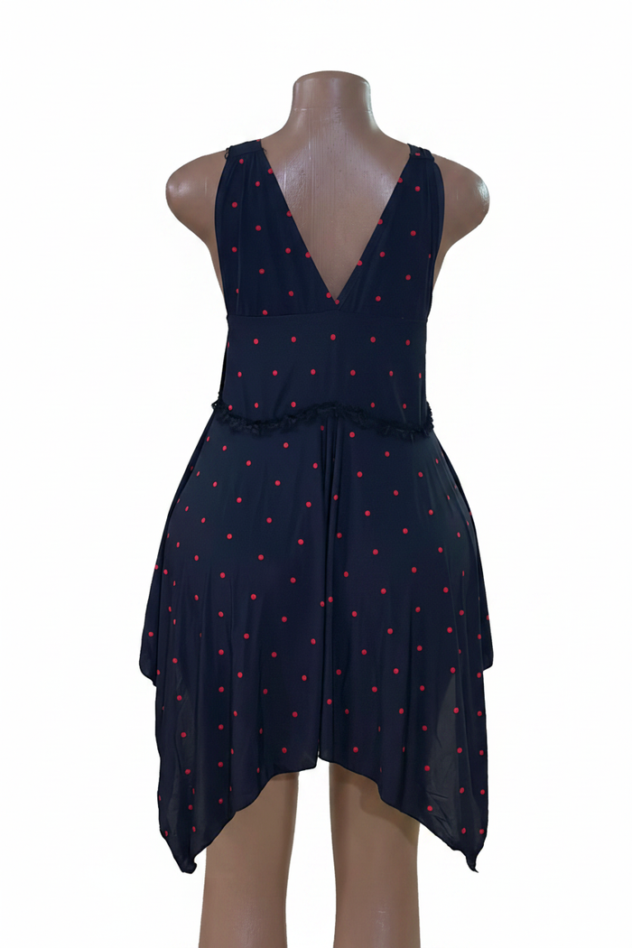 Navy blue polka dot dress back view on white background
