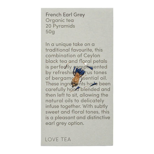 Love Tea Earl Grey Pyramid Tea Bags box containing 20 tea bags, blend of Ceylon black tea, floral petals, and bergamot essential oil.
