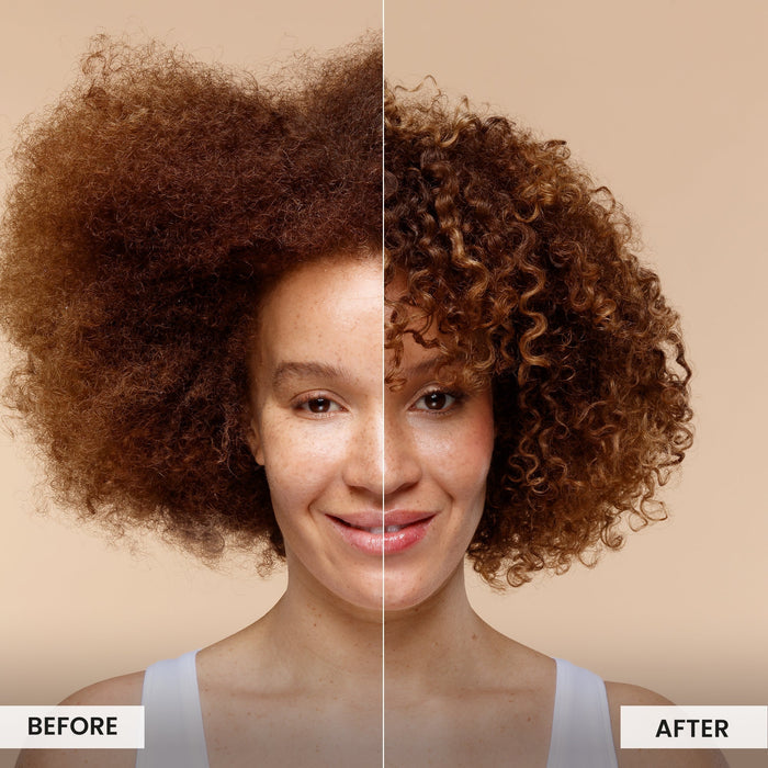 Before and after comparison of a woman's hair transformation on a beige background