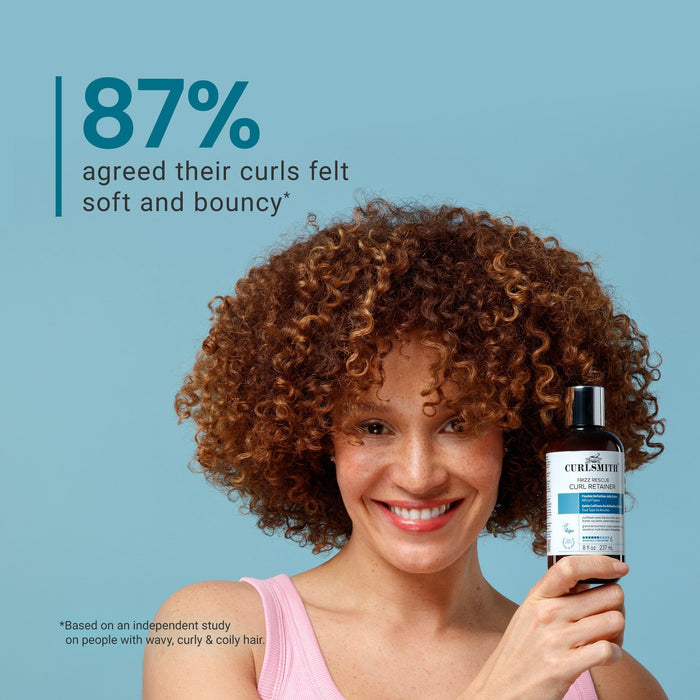 Woman holding a bottle of Curly product with text on a blue background