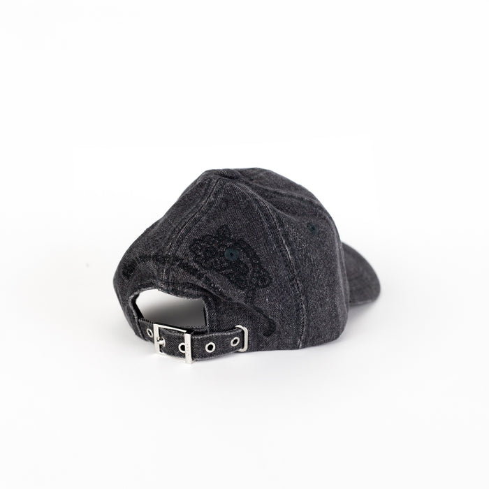 Ganni WASHED EMPROIDERY DENIM CAP, Black Washed