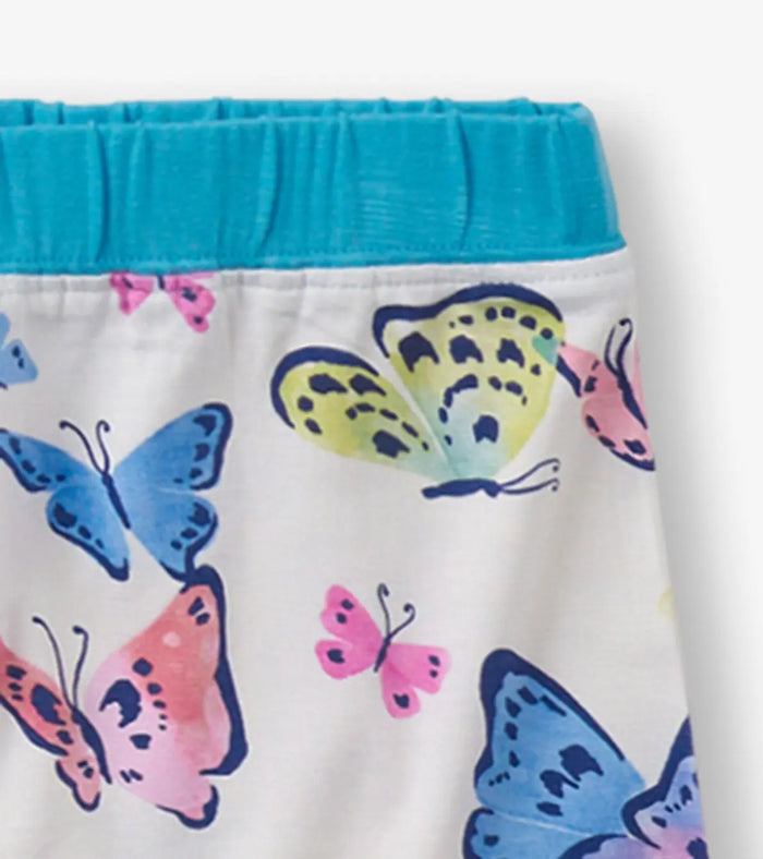 Hatley girls matching butterfly pajama shorts with aqua waistband and soft bamboo stretch fabric.