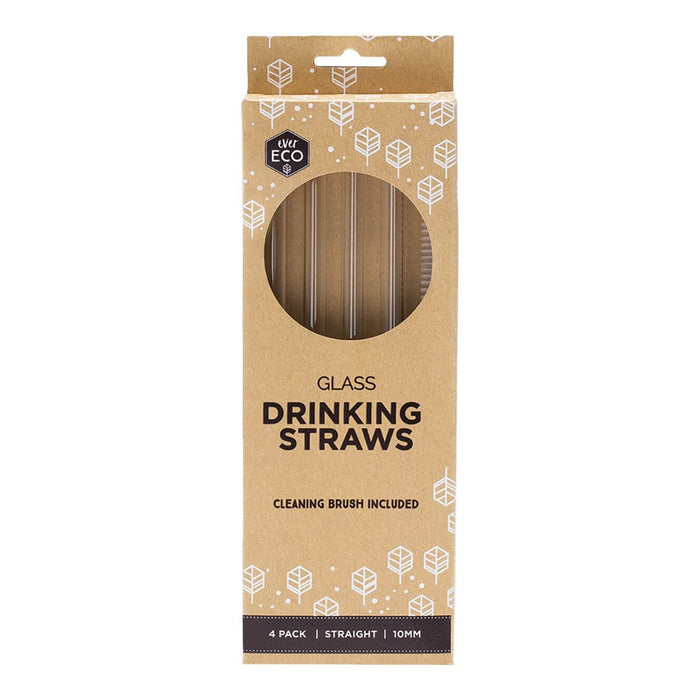 Ever Eco straight glass drinking straws with cleaning brush in eco friendly packaging on a white background.