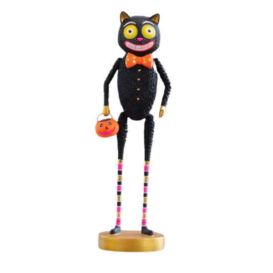 Glitterville black cat Halloween figure with orange bow tie, striped legs, gold accents, and jack-o’-lantern pumpkin bucket.