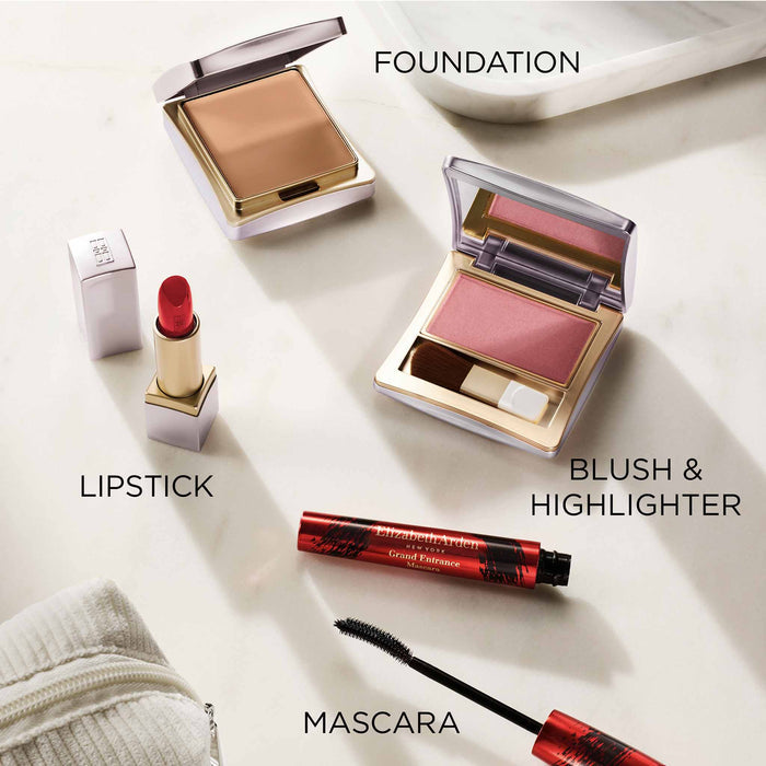 Makeup Regimen includes Flawless Sponge-On Foundation, Lip Color Lipstick, Powder Blush and highlighter and Grand Entrance Mascara