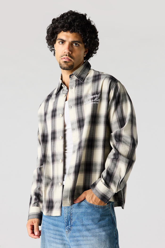 Graphic Plaid Long Sleeve Button-Up Top