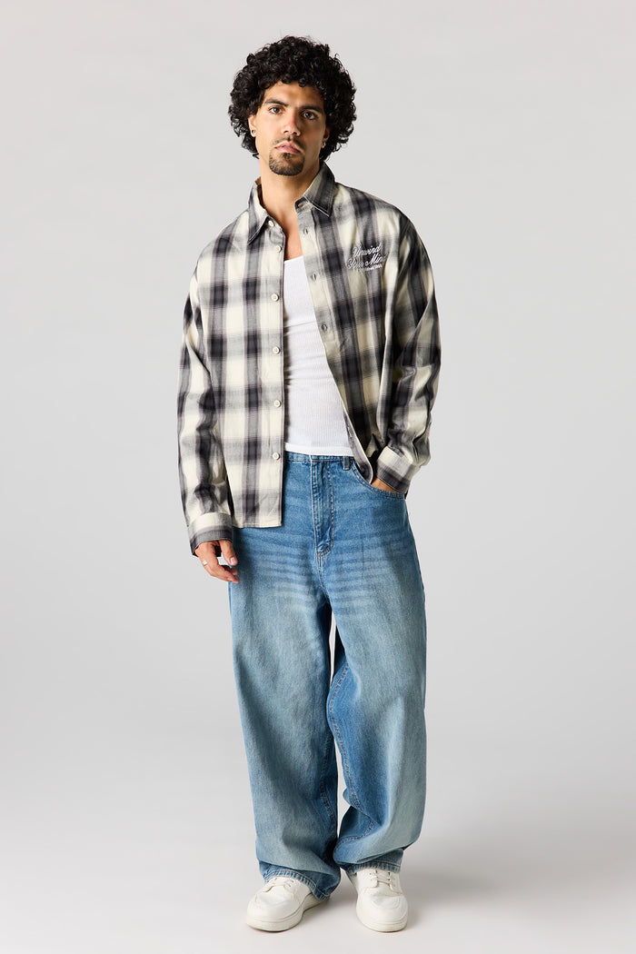 Graphic Plaid Long Sleeve Button-Up Top